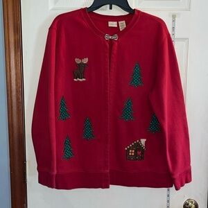 VTG-covington-XL-red--red patchwork embroidered Christmas cardigan sweater.